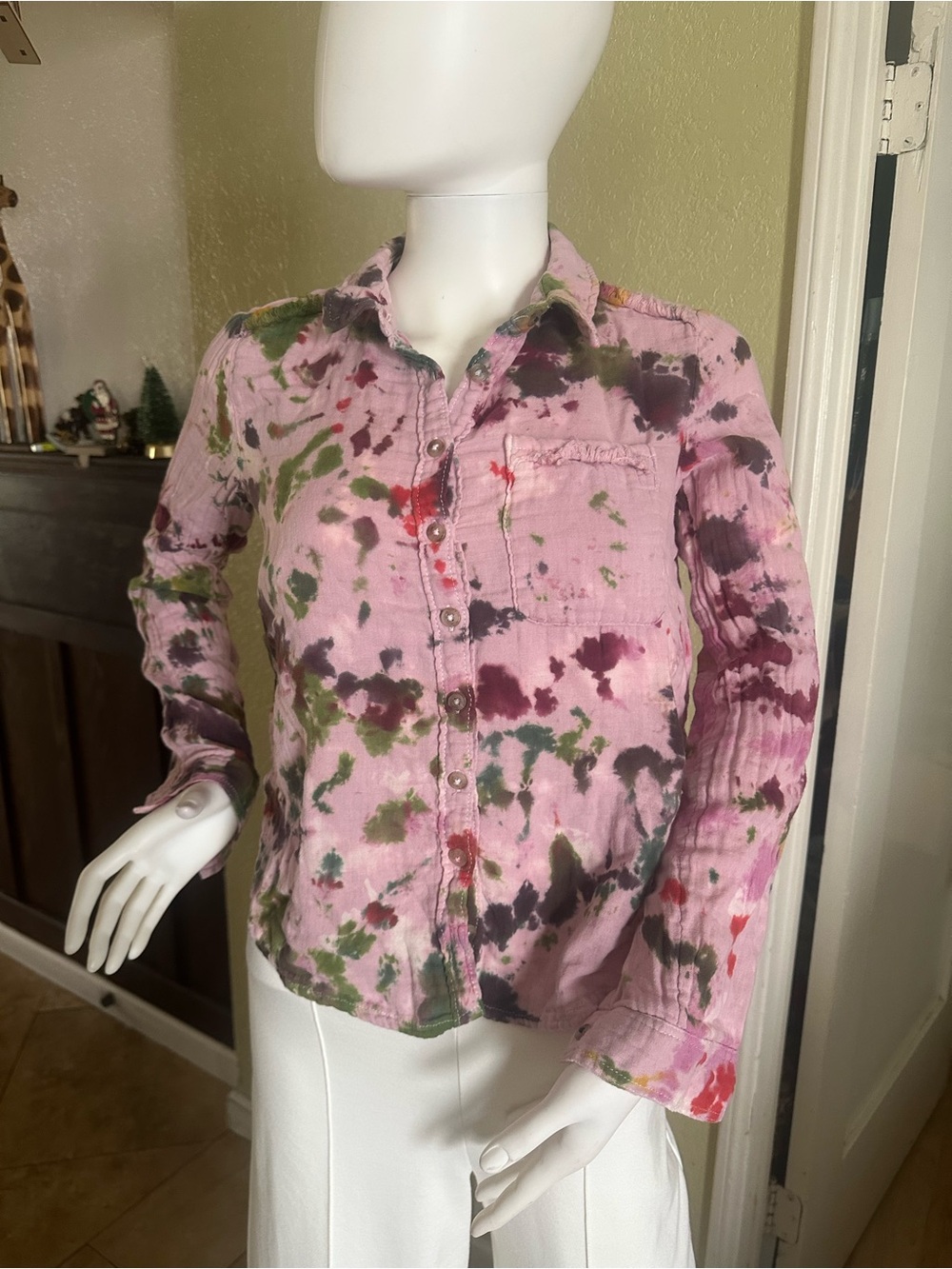 Pilcro Pink Tie-Dye Button-Down Shirt with Green and Burgundy Accents